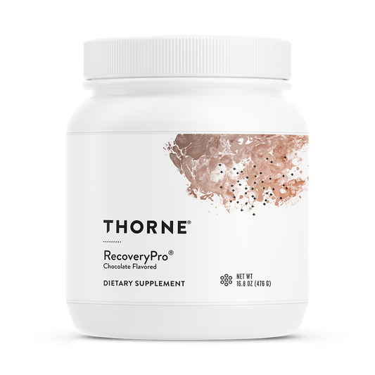 A container of Thorne RecoveryPro dietary supplement powder in chocolate flavor.