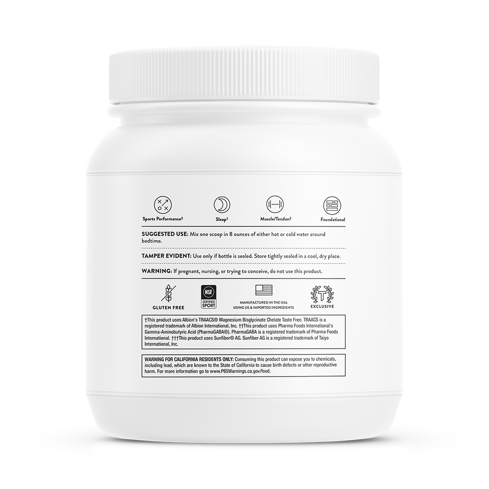 Suggested use for a container of Thorne RecoveryPro dietary supplement powder.  Product is gluten free and certified for sport. 