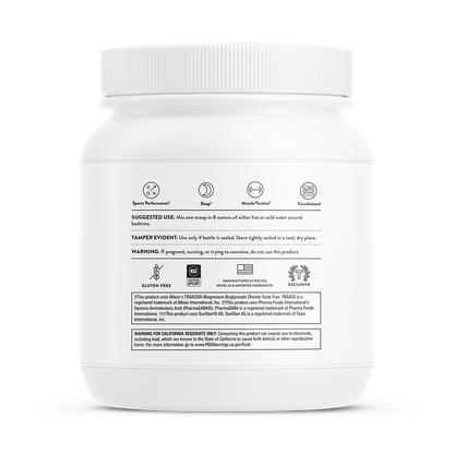 Suggested use for a container of Thorne RecoveryPro dietary supplement powder.  Product is gluten free and certified for sport. 