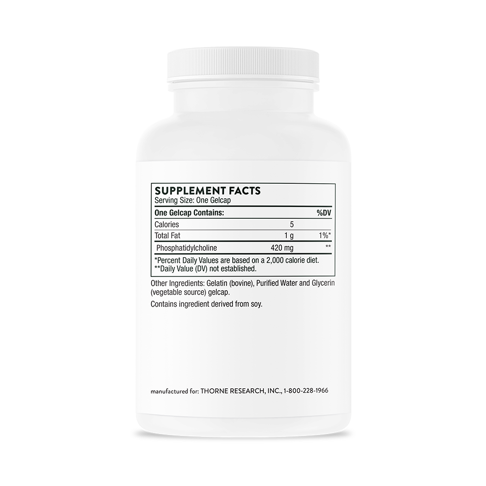 Supplement facts information for abottle of Thorne Phosphatidyl Choline dietary supplement.