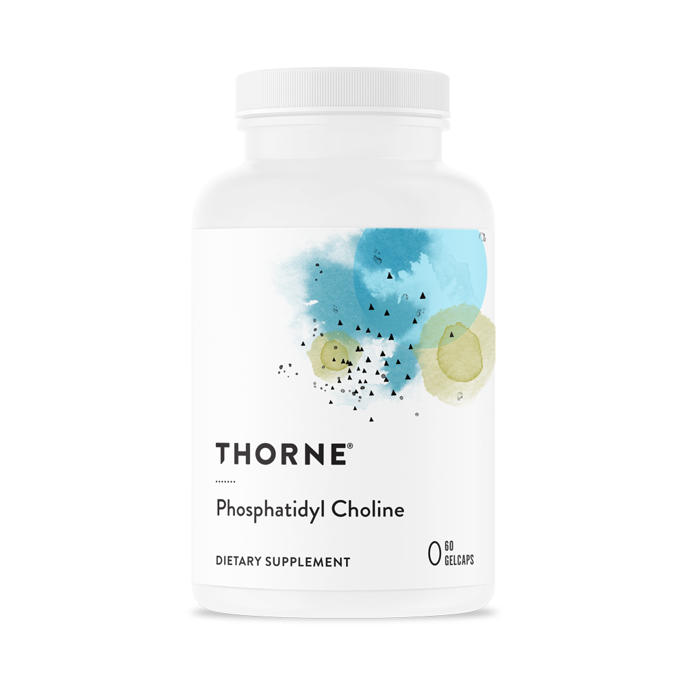 A bottle of Thorne Phosphatidyl Choline dietary supplement with a white label and blue design elements.