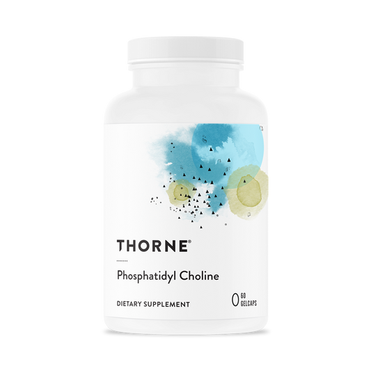 A bottle of Thorne Phosphatidyl Choline dietary supplement with a white label and blue design elements.