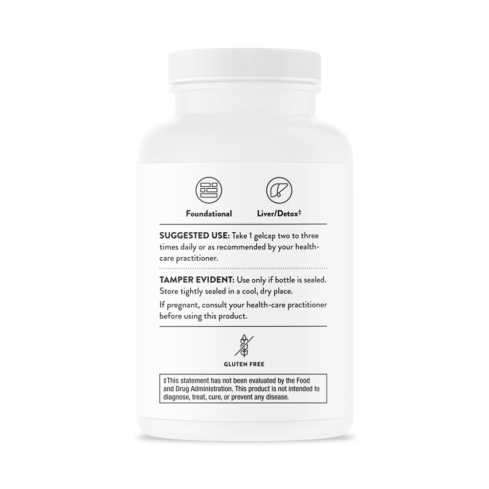 Suggested use information for a bottle of Thorne Phosphatidyl Choline dietary supplement.  Product is gluten free.  