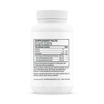 Supplement facts information for bottle of Thorne Advanced DHA dietary supplement 