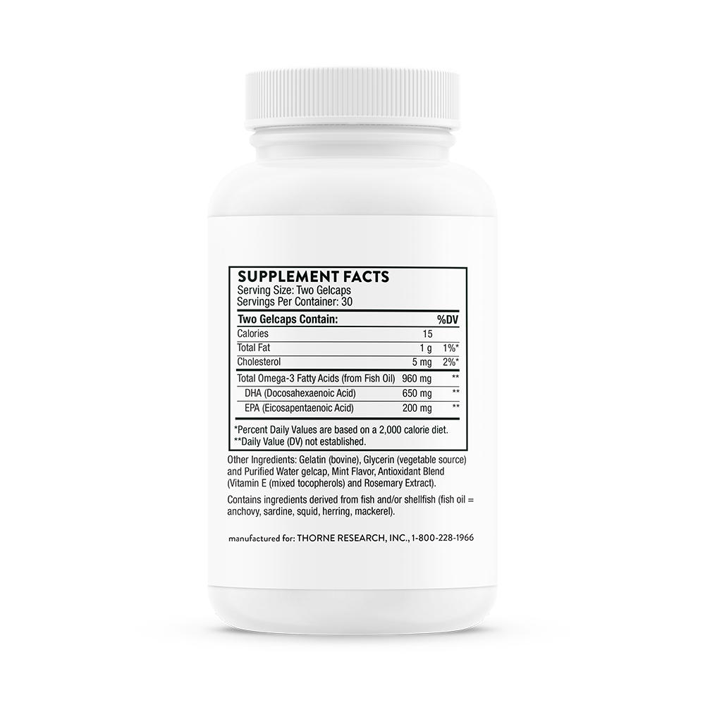 Supplement facts information for bottle of Thorne Advanced DHA dietary supplement 