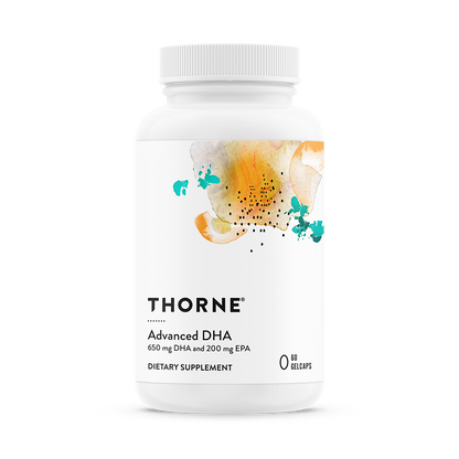A bottle of Thorne Advanced DHA dietary supplement with a white label and multicolored design.