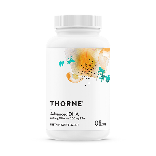 A bottle of Thorne Advanced DHA dietary supplement with a white label and multicolored design.