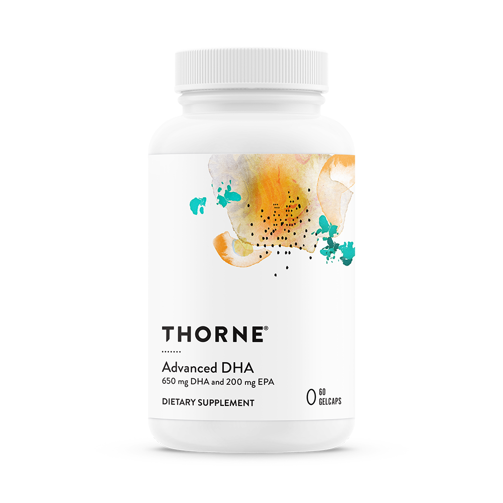 A bottle of Thorne Advanced DHA dietary supplement with a white label and multicolored design.