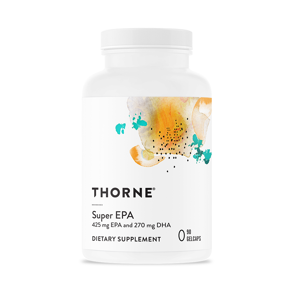 A bottle of Thorne Super EPA dietary supplement with a label showing the brand name and the contents of 425 mg EPA and 270 mg DHA per gelcap.