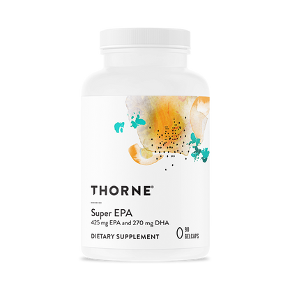 A bottle of Thorne Super EPA dietary supplement with a label showing the brand name and the contents of 425 mg EPA and 270 mg DHA per gelcap.
