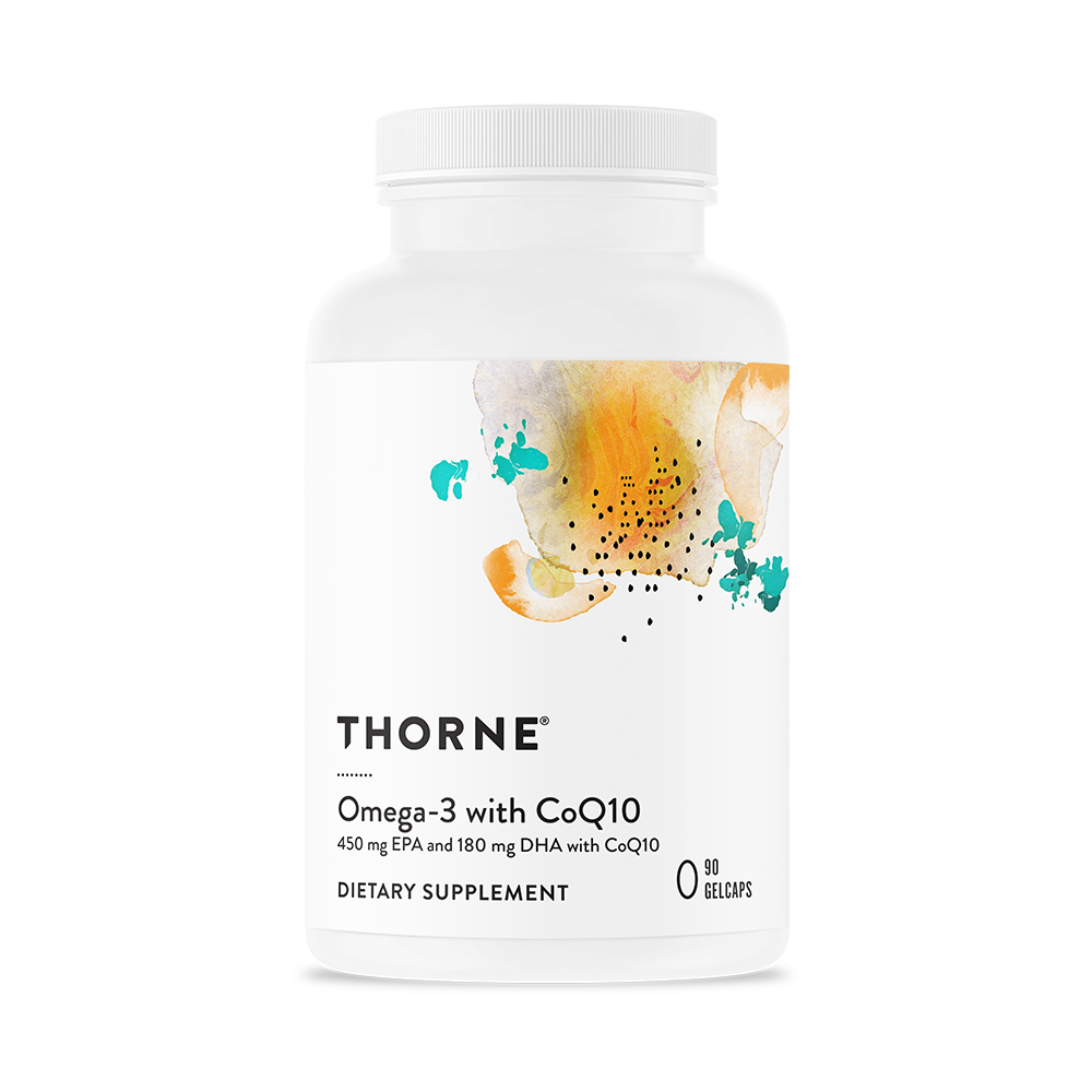 A bottle of Thorne Omega-3 with CoQ10 dietary supplement gelcaps.