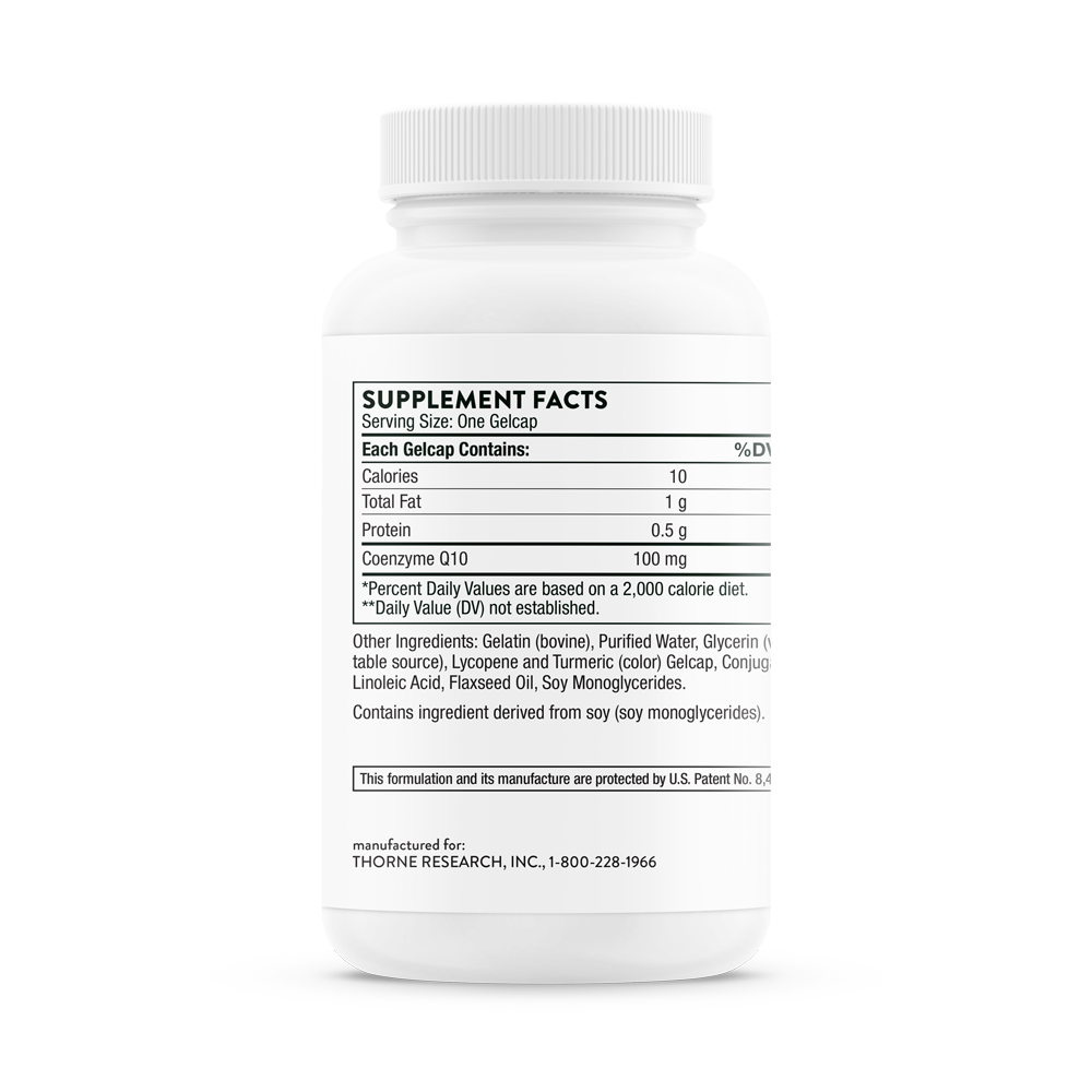 Supplement facts information for bottle of Thorne CoQ10 dietary supplement.