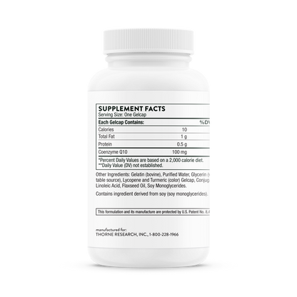 Supplement facts information for bottle of Thorne CoQ10 dietary supplement.