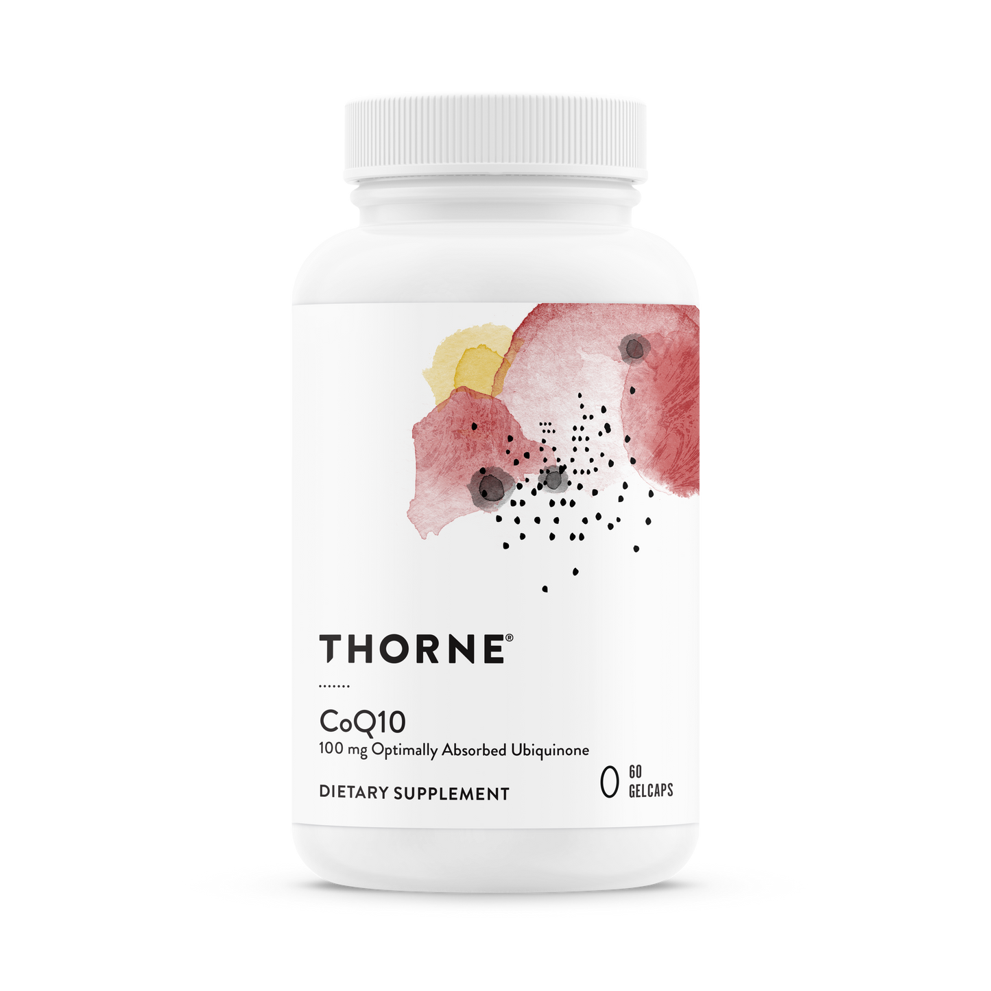 A bottle of Thorne CoQ10 dietary supplement with a white label and a pink and yellow design.