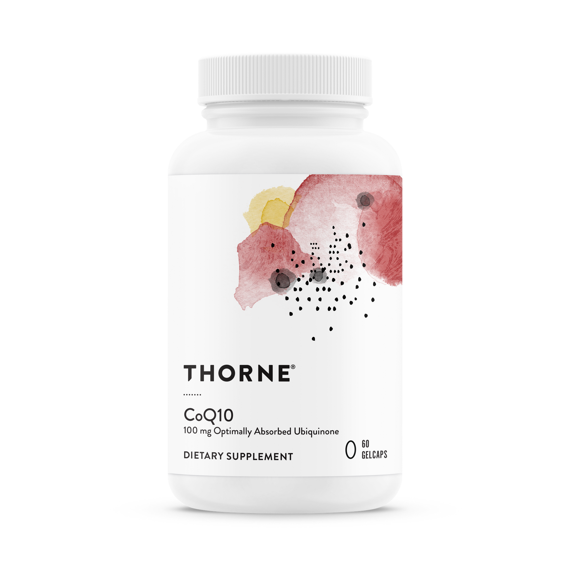A bottle of Thorne CoQ10 dietary supplement with a white label and a pink and yellow design.
