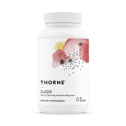 A bottle of Thorne CoQ10 dietary supplement with a white label and a pink and yellow design.