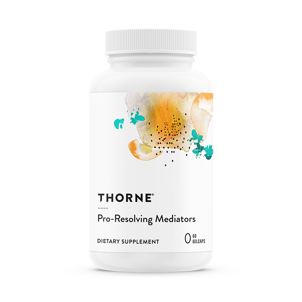 A bottle of Thorne Pro-Resolving Mediators dietary supplement with a white label and floral design.