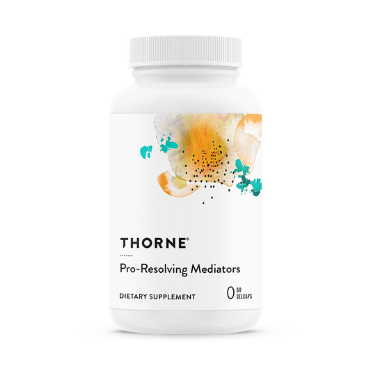 A bottle of Thorne Pro-Resolving Mediators dietary supplement with a white label and floral design.