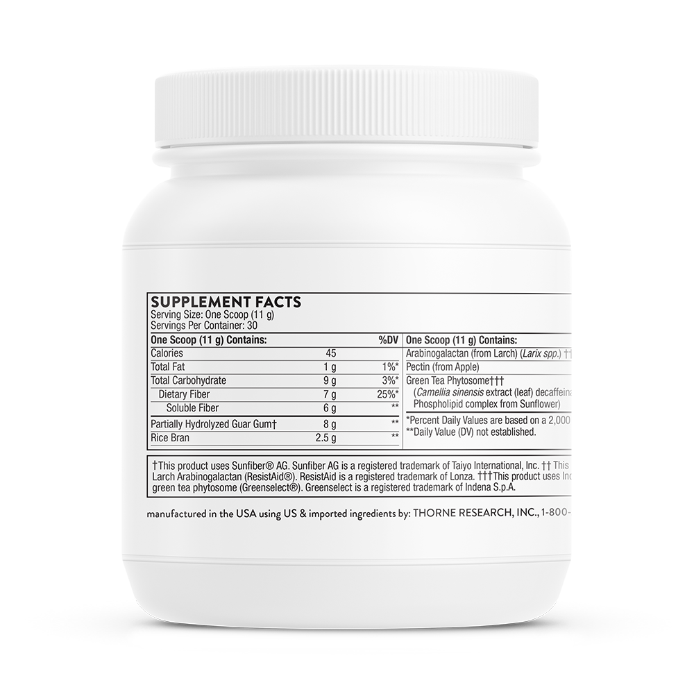 Supplement facts for  Thorne FiberMend.