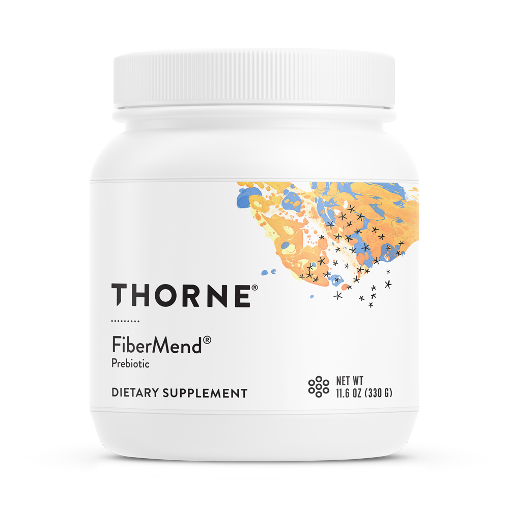 A container of Thorne FiberMend, a dietary supplement designed to support digestive health.