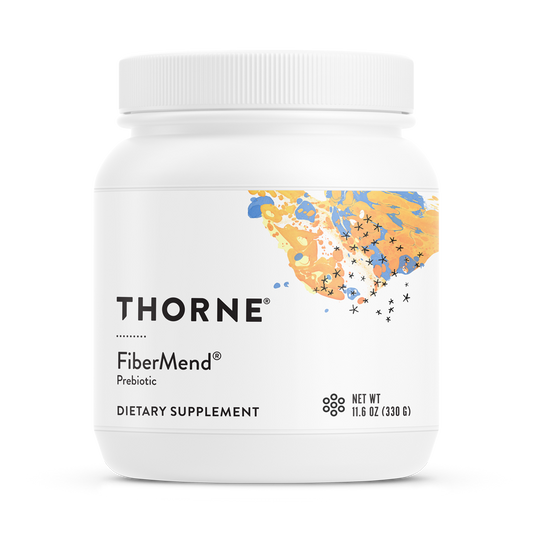 A container of Thorne FiberMend, a dietary supplement designed to support digestive health.