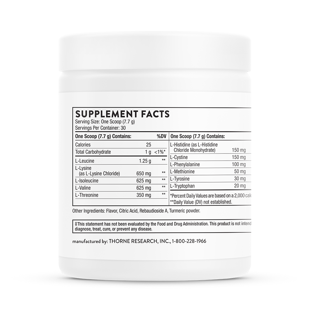 Supplement facts information for a container of Thorne Amino Complex  
