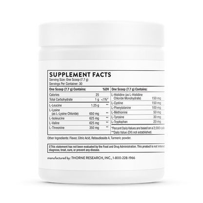 Supplement facts information for a container of Thorne Amino Complex  