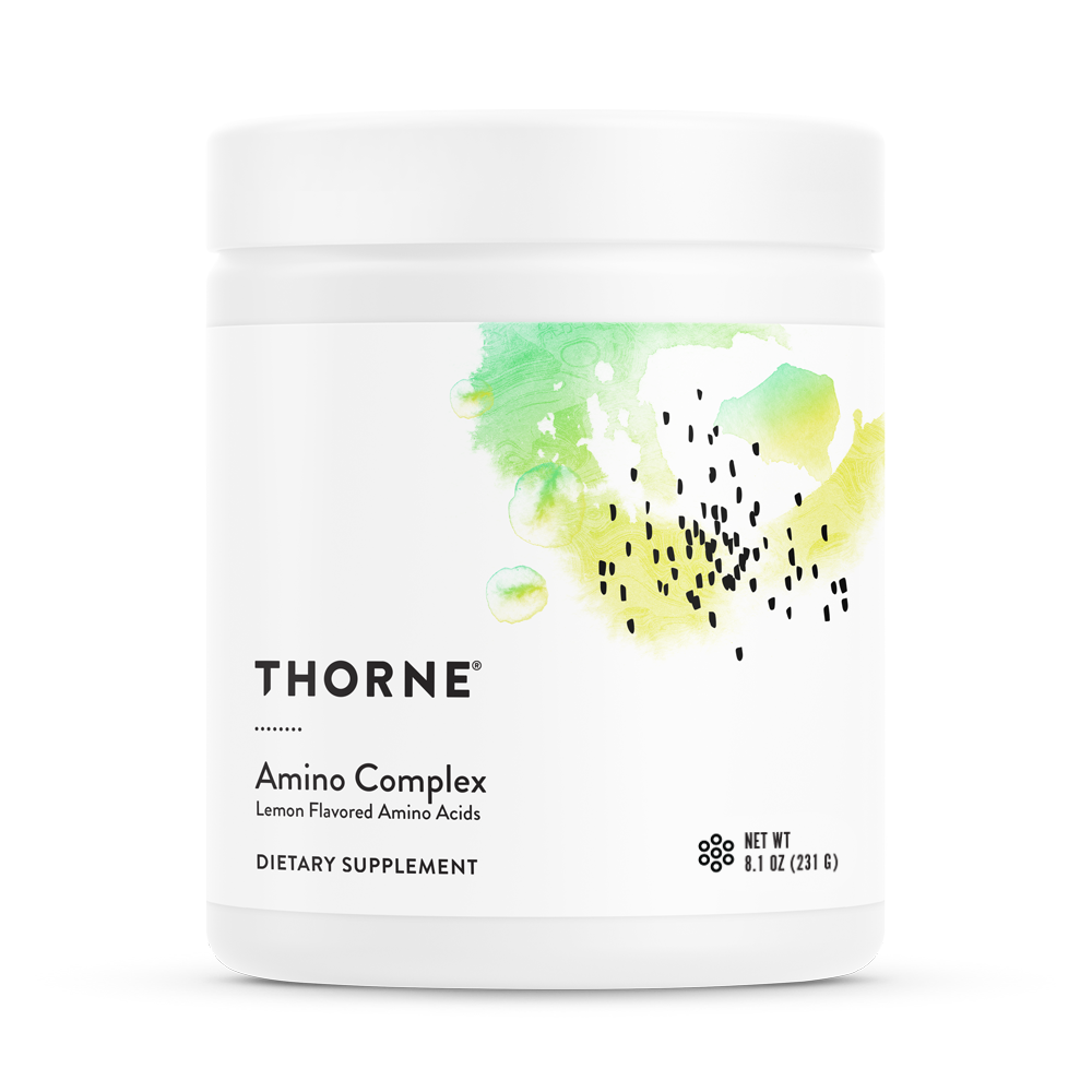 A container of Thorne Amino Complex dietary supplement in lemon flavor.
