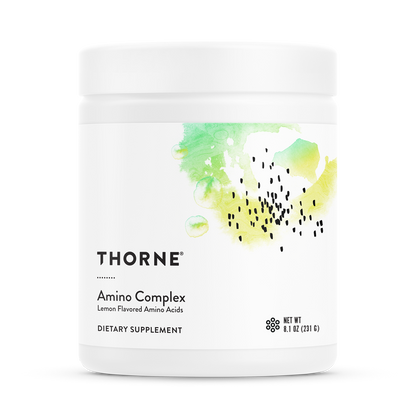 A container of Thorne Amino Complex dietary supplement in lemon flavor.