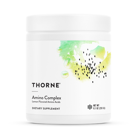 A container of Thorne Amino Complex dietary supplement in lemon flavor.
