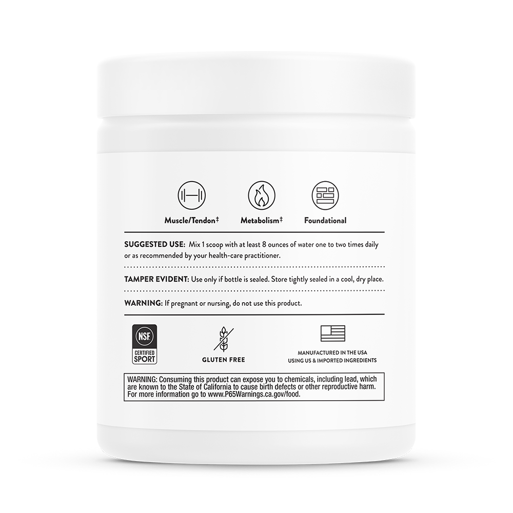Suggested use information on a container of Thorne Amino Complex.  Product is certified for sport and is gluten free.   