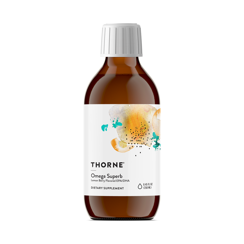 A bottle of Thorne Omega Superb dietary supplement with a label showing the brand name and product name, along with a graphic of a brain and some abstract shapes.