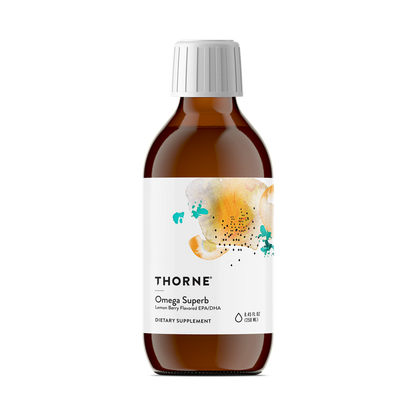 A bottle of Thorne Omega Superb dietary supplement with a label showing the brand name and product name, along with a graphic of a brain and some abstract shapes.