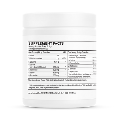 Supplement fact information on a container of Thorne Amino Complex dietary supplement.