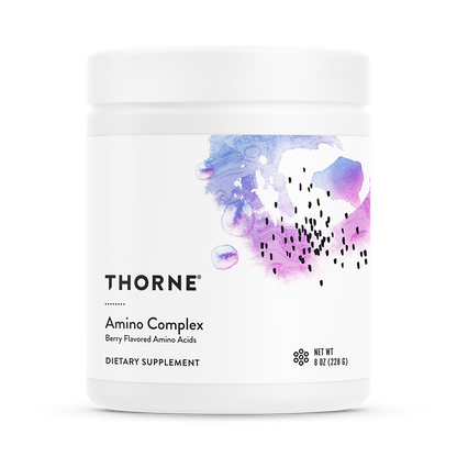 A container of Thorne Amino Complex dietary supplement with a berry flavor label.