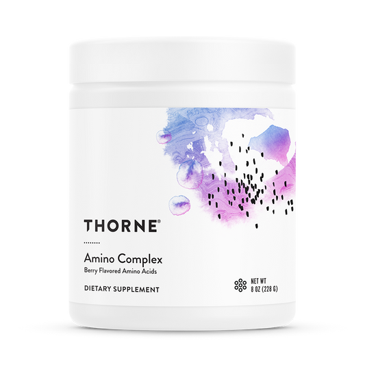 A container of Thorne Amino Complex dietary supplement with a berry flavor label.
