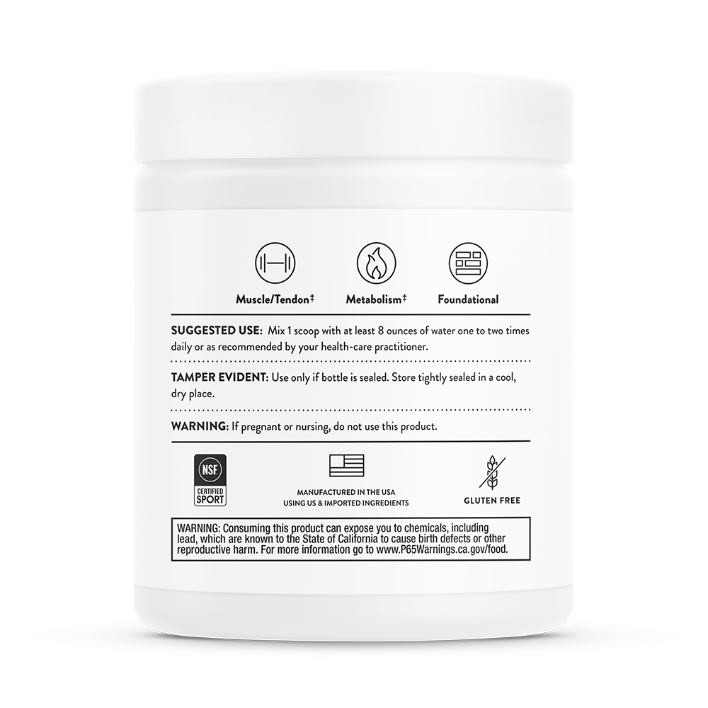 Suggested use information for container of Thorne Amino Complex dietary supplement,  Product is certified for sport, and is gluten free.  