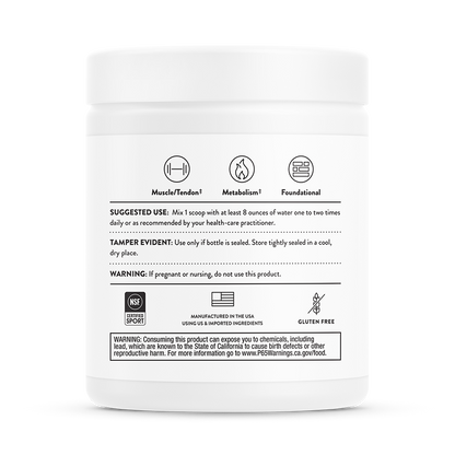 Suggested use information for container of Thorne Amino Complex dietary supplement,  Product is certified for sport, and is gluten free.  