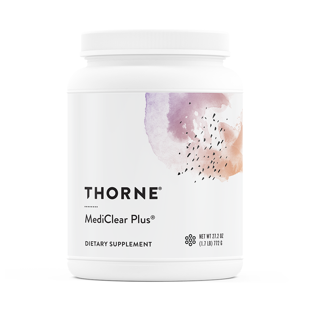 A white plastic container with a label that reads 'THORNE MediClear Plus', indicating it is a dietary supplement.