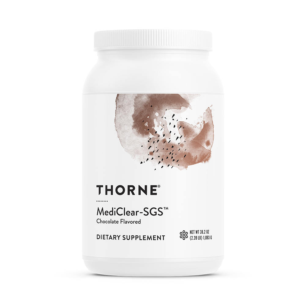 A white container of Thorne MediClear-SGS dietary supplement powder with a chocolate flavor emblem on the label.