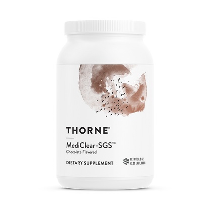 A white container of Thorne MediClear-SGS dietary supplement powder with a chocolate flavor emblem on the label.