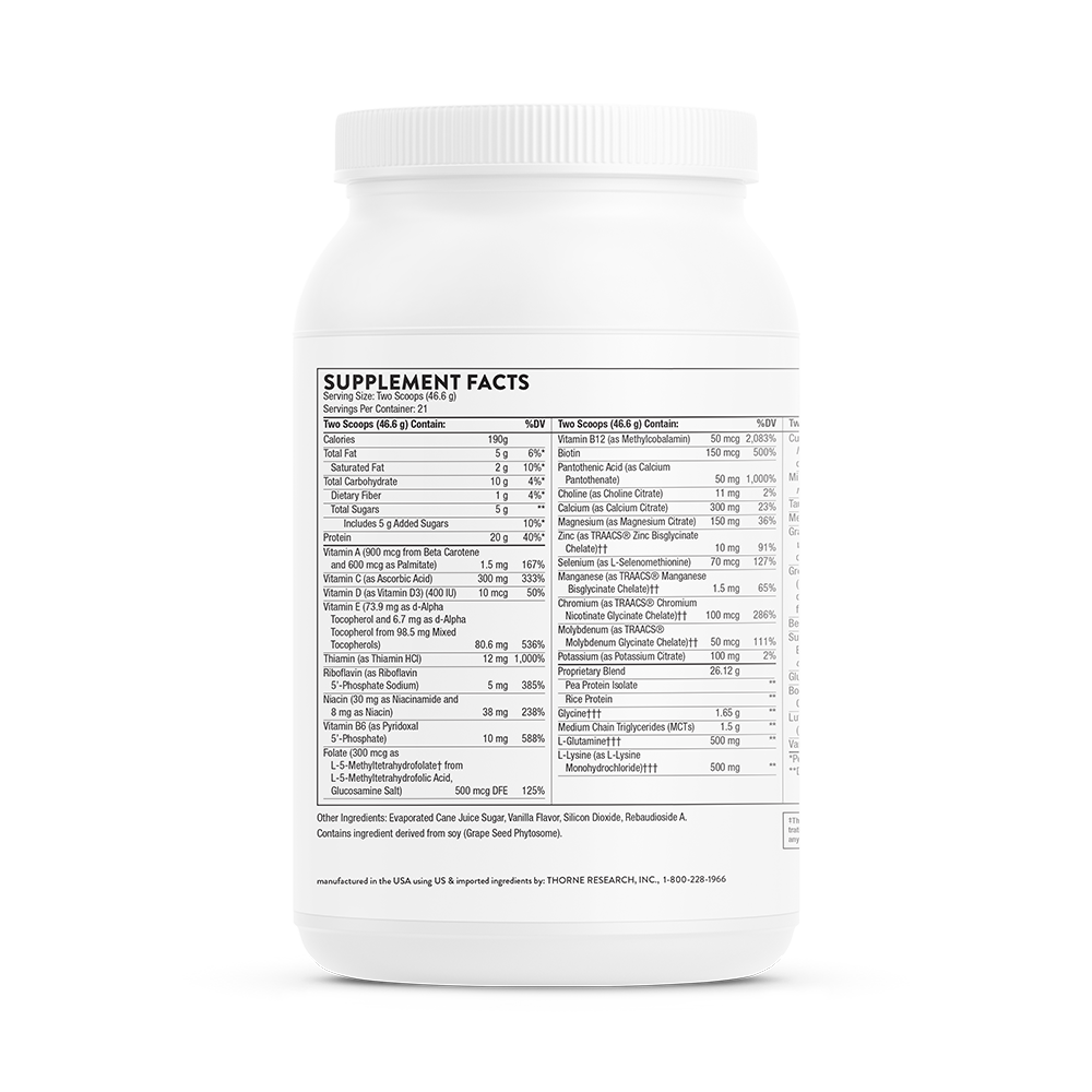 A white bottle with supplement facts listed on the back.  