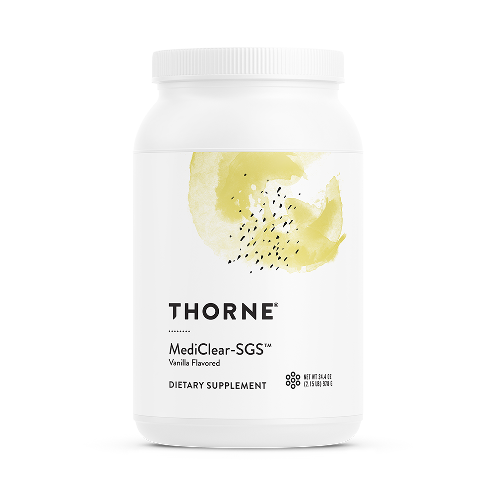 A white plastic jar of Thorne MediClear-SGS Vanilla dietary supplement powder.