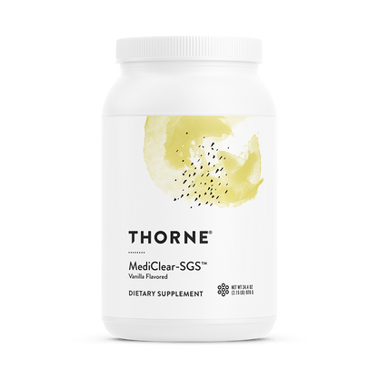 A white plastic jar of Thorne MediClear-SGS Vanilla dietary supplement powder.