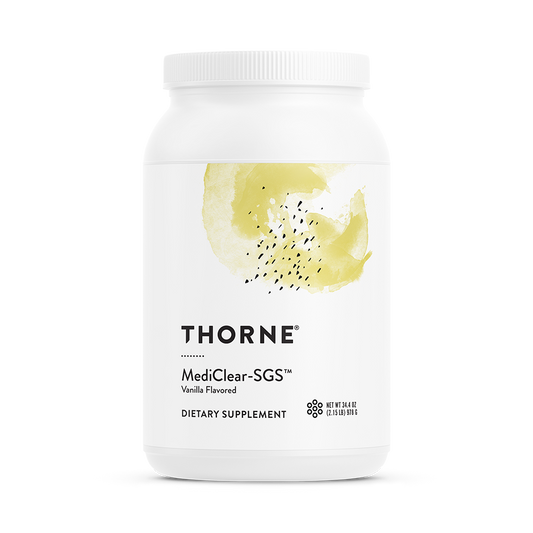 A white plastic jar of Thorne MediClear-SGS Vanilla dietary supplement powder.