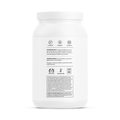 A white bottle with suggested use and warnings.  