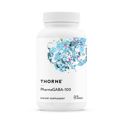 A bottle of Thorne PharmaGABA-100 dietary supplement with a floral and abstract design in blue on the label.