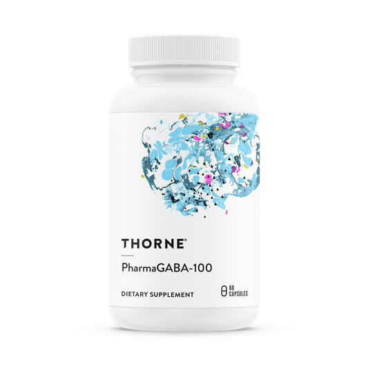A bottle of Thorne PharmaGABA-100 dietary supplement with a floral and abstract design in blue on the label.