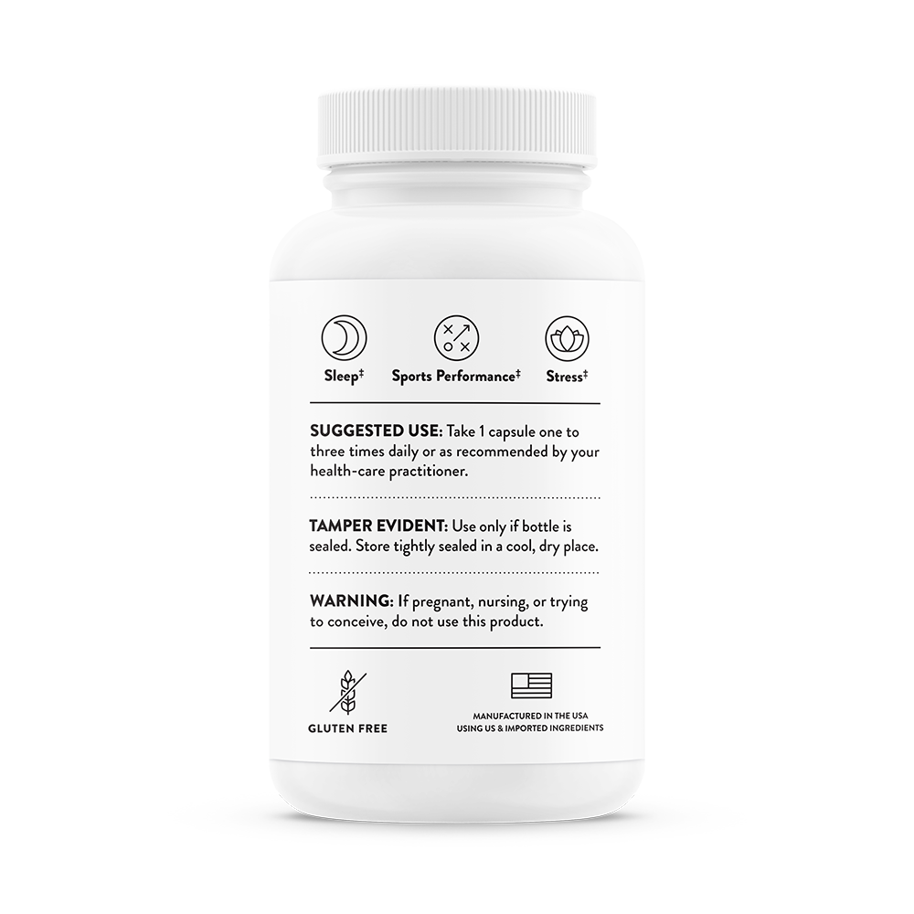 Suggested use information for  bottle of Thorne PharmaGABA-100 dietary supplement.  Promotes sleep, sports performance and stress relief.  Product is gluten free.   