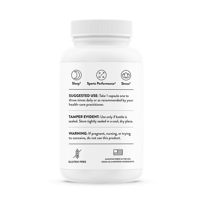 Suggested use information for  bottle of Thorne PharmaGABA-100 dietary supplement.  Promotes sleep, sports performance and stress relief.  Product is gluten free.   